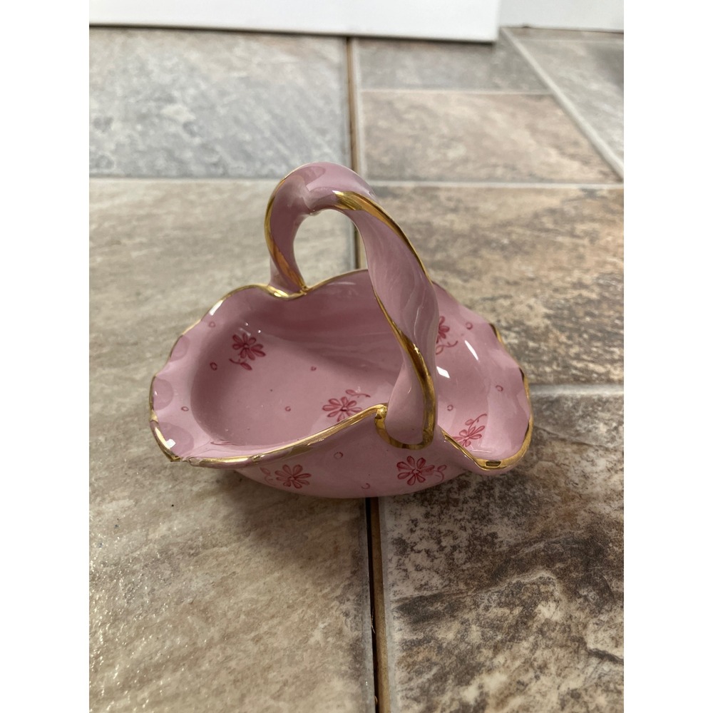 Deruta Italy Vintage Pink Floral Ceramic Mini Basket Gold Gilt Trim Scalloped
